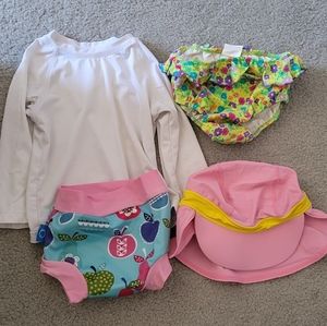 OP Girls Size 18M White Rash Guard Top, 2 Bottoms Set Swimsuit + Summer Sun Hat